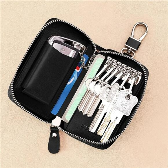 Leather car key case keychain wallet card holder organizer pouch with zipper for - Picture 4 of 7